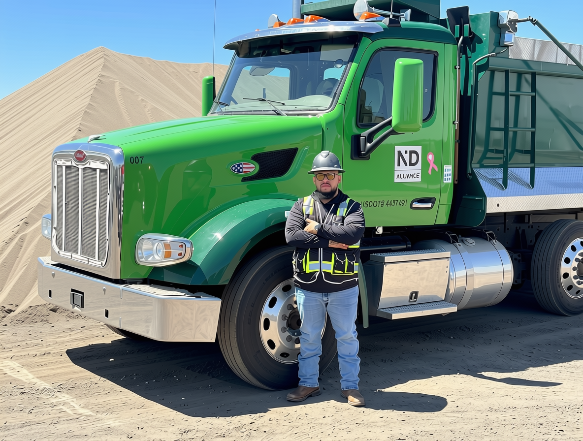 ND Alliance driver standing in front of green dump truck at job site